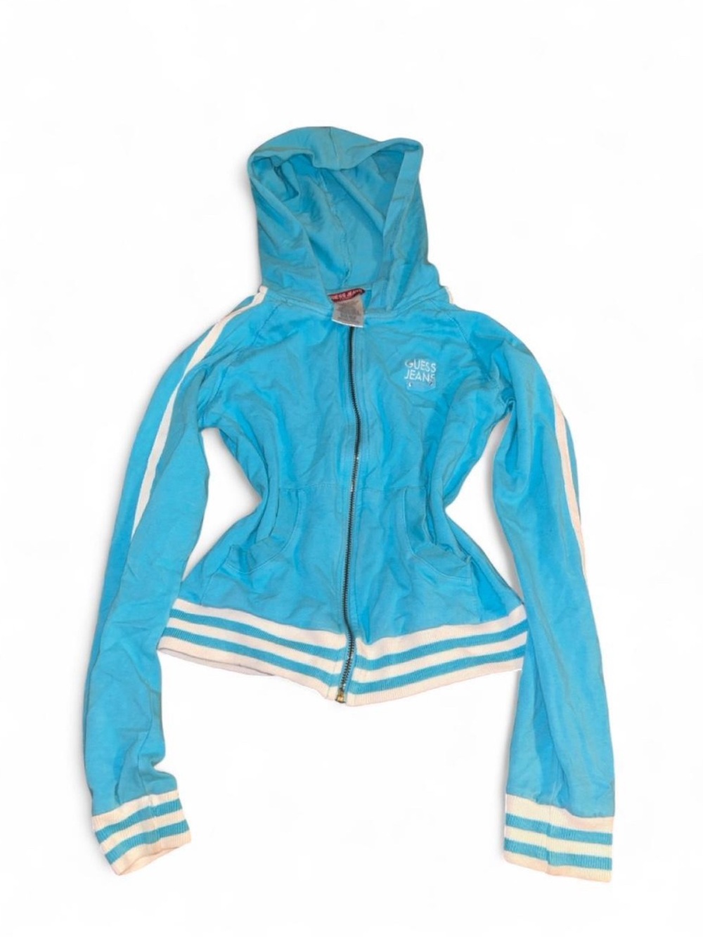 Guess Turquoise Hooded Zip Jacket with White Stripes